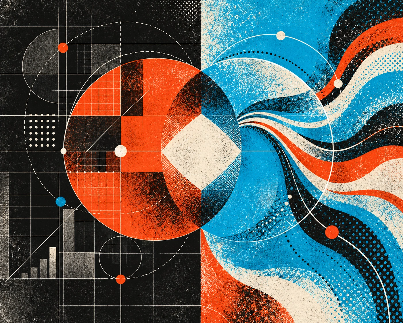 Abstract MODIS illustration showing distinct forces connecting into a stronger whole.